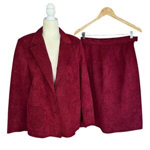 Vintage Burgundy Suede Skirt Suit Blazer Set Women's Size 14 Office Academic